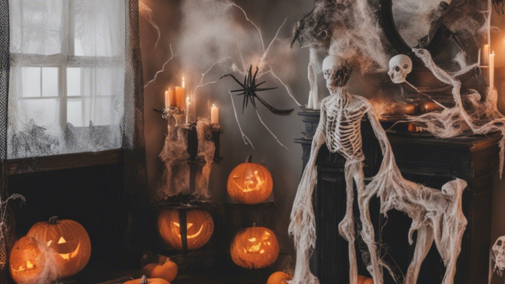Halloween-themed room adorned with pumpkins and skeletons, creating a spooky ambiance in your room for Holloween.