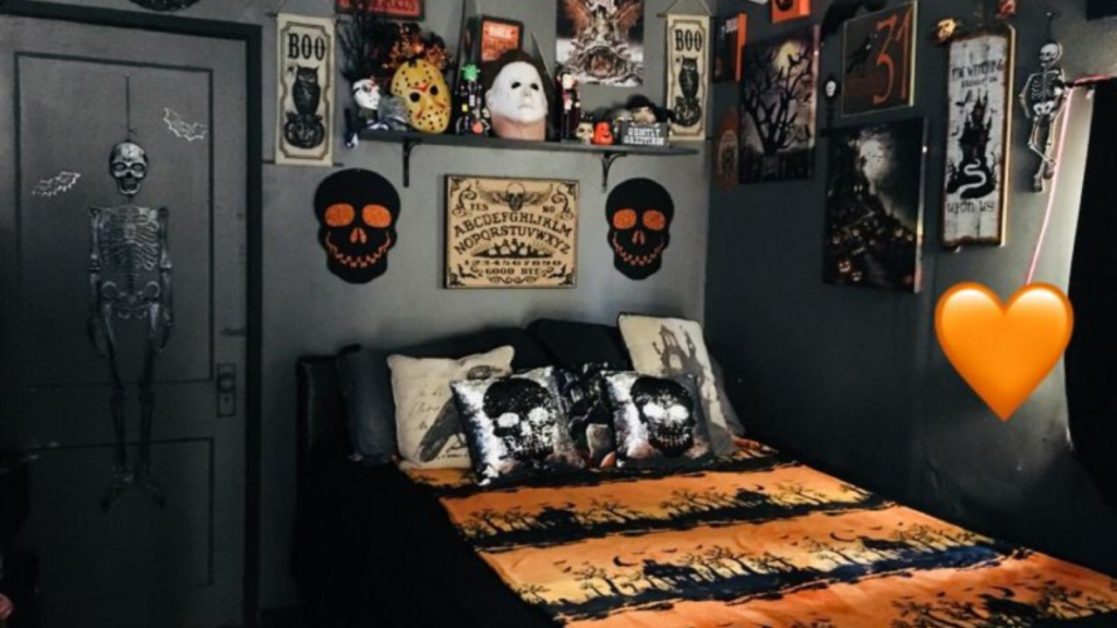 Spooky bedroom with bed, skull and heart decor. Perfect room for Halloween